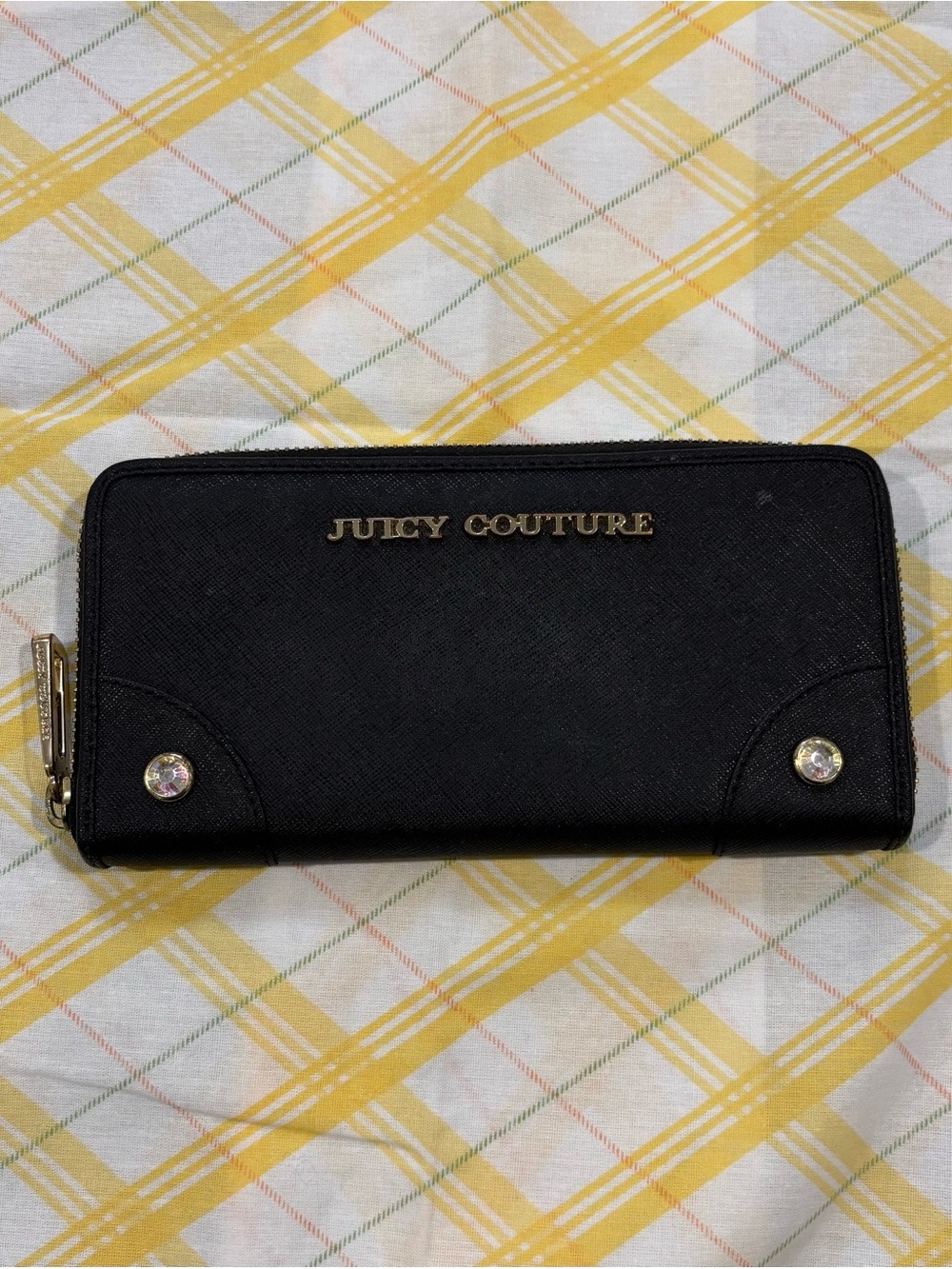Juicy Couture Black Zip-Around Logo Cowhide Leather Wallet with Crystal Studs